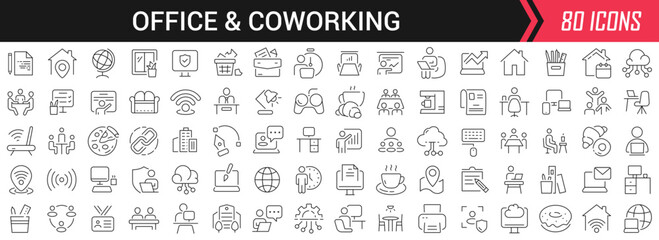 Office and coworking linear icons in black. Big UI icons collection in a flat design. Thin outline signs pack. Big set of icons for design