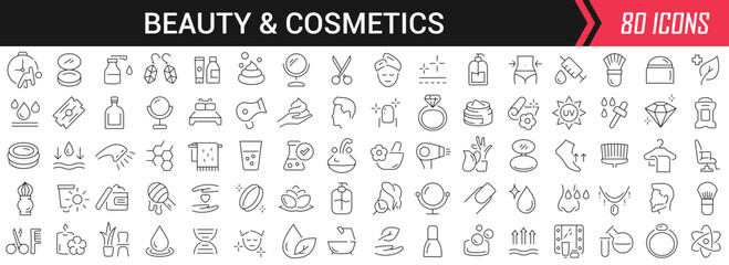Beauty and cosmetics linear icons in black. Big UI icons collection in a flat design. Thin outline signs pack. Big set of icons for design