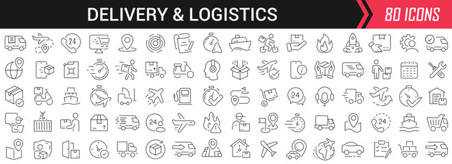 Delivery and logistics linear icons in black. Big UI icons collection in a flat design. Thin outline signs pack. Big set of icons for design