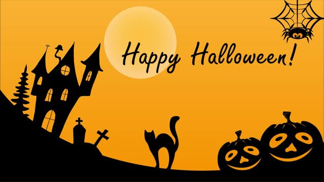 Halloween animated banner. Black cat, Jack O'Lantern, spooky house and tomb. Black silhouettes on yellow background. Flat animation.