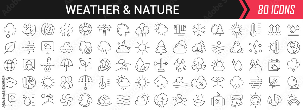 Wall mural weather and nature linear icons in black. big ui icons collection in a flat design. thin outline sig