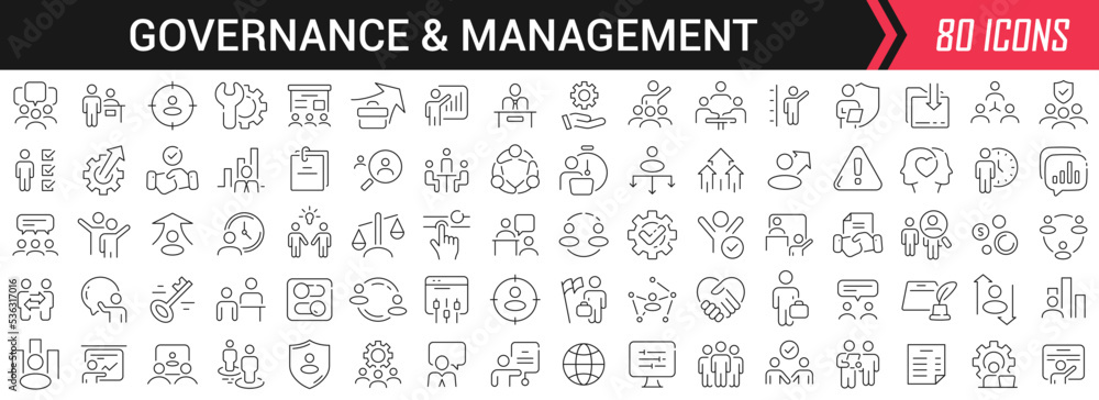 Aufkleber governance and management linear icons in black. big ui icons collection in a flat design. thin outl