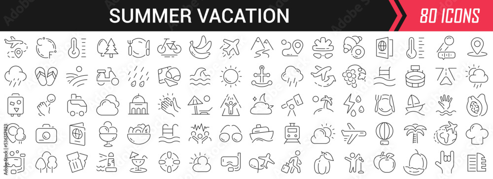 Poster summer vacation linear icons in black. big ui icons collection in a flat design. thin outline signs 