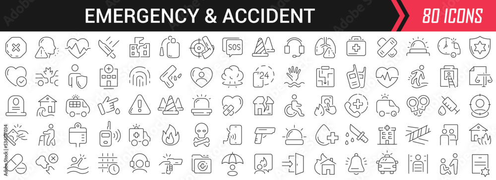 Poster Emergency and accident linear icons in black. Big UI icons collection in a flat design. Thin outline signs pack. Big set of icons for design