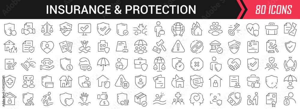 Aufkleber insurance and protection linear icons in black. big ui icons collection in a flat design. thin outli