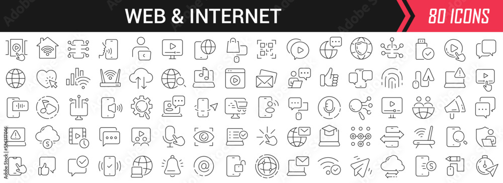 Poster Web and internet linear icons in black. Big UI icons collection in a flat design. Thin outline signs pack. Big set of icons for design