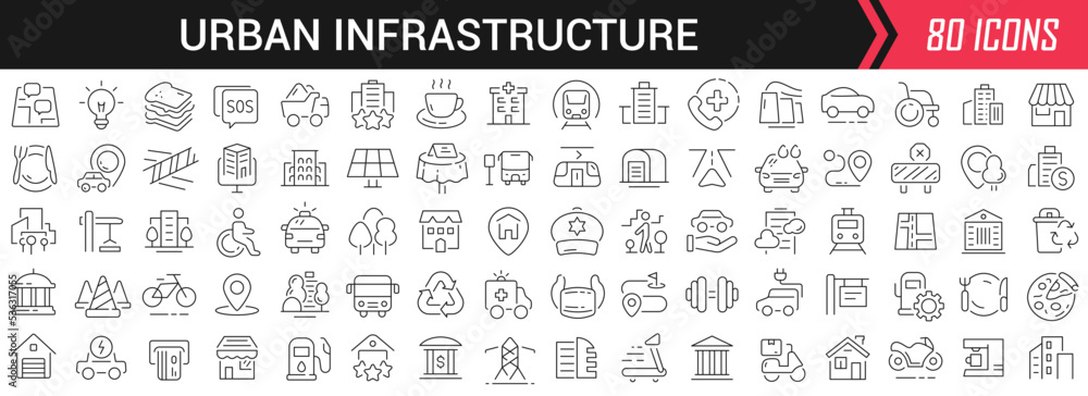 Poster Urban infrastructure linear icons in black. Big UI icons collection in a flat design. Thin outline signs pack. Big set of icons for design