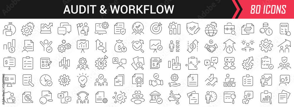 Fototapete Audit and workflow linear icons in black. Big UI icons collection in a flat design. Thin outline signs pack. Big set of icons for design