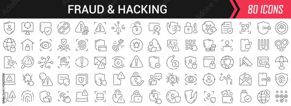 Poster Fraud and hacking linear icons in black. Big UI icons collection in a flat design. Thin outline signs pack. Big set of icons for design