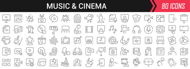 Music and cinema linear icons in black. Big UI icons collection in a flat design. Thin outline signs pack. Big set of icons for design