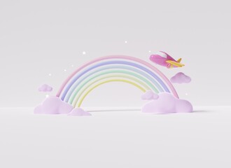3D of travel concept illustration, Airplane flying over the rainbow.