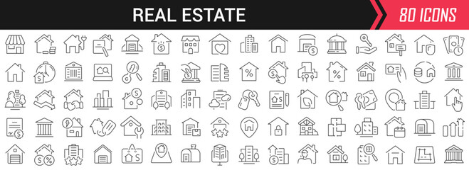 Real estate linear icons in black. Big UI icons collection in a flat design. Thin outline signs pack. Big set of icons for design