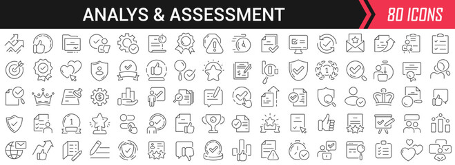 Analysis and assessment linear icons in black. Big UI icons collection in a flat design. Thin outline signs pack. Big set of icons for design