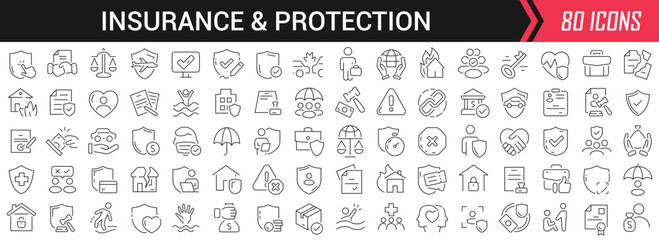 Insurance and protection linear icons in black. Big UI icons collection in a flat design. Thin outline signs pack. Big set of icons for design