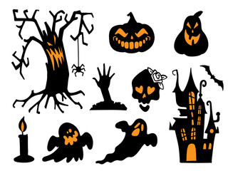 A set of illustrations for Halloween, black creepy silhouettes. Halloween Stickers