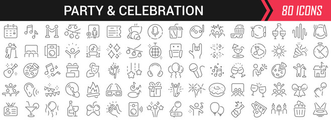 Party and celebration linear icons in black. Big UI icons collection in a flat design. Thin outline signs pack. Big set of icons for design