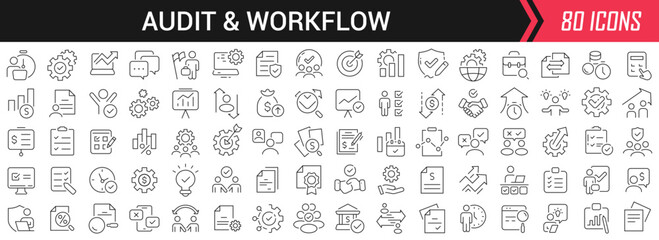 Audit and workflow linear icons in black. Big UI icons collection in a flat design. Thin outline signs pack. Big set of icons for design