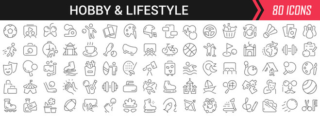 Hobby and lifestyle linear icons in black. Big UI icons collection in a flat design. Thin outline signs pack. Big set of icons for design