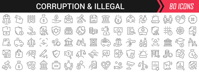 Corruption and illegal linear icons in black. Big UI icons collection in a flat design. Thin outline signs pack. Big set of icons for design