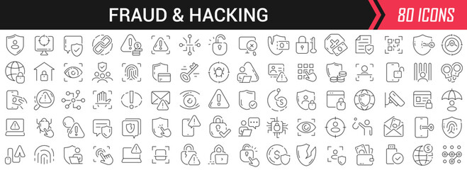Fraud and hacking linear icons in black. Big UI icons collection in a flat design. Thin outline signs pack. Big set of icons for design