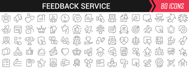 Feedback service linear icons in black. Big UI icons collection in a flat design. Thin outline signs pack. Big set of icons for design