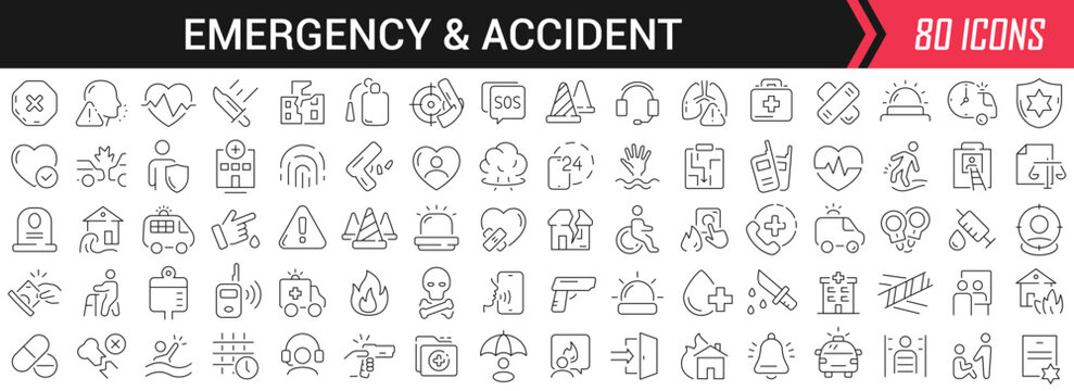 Emergency and accident linear icons in black. Big UI icons collection in a flat design. Thin outline signs pack. Big set of icons for design