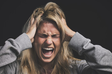 Screaming woman, mental health and depression headache from bipolar anxiety, stress and fear on...