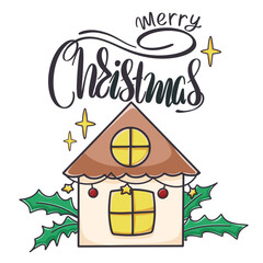 Merry christmas holiday banner with house decorated with lights. Card with handwritten inscription and attributes of new year and christmas. Winter holiday design in cartoon style vector illustration