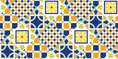 Abstract Geometric Tile Pattern Italian Sicily Style Moroccan Interior Design Perfect for Allover Fabric Print or Interior Kitchen Design Chic Sweet Color Combinations Squares Florals Ornament