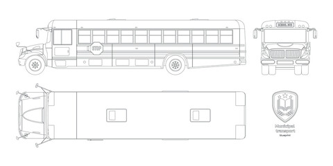 Isolated school bus drawing. Outline blueprint of municipal transport. Top, side, front vehicle view. Academy lorry. Industrial clipart