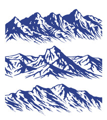 Set of isolated huge blue mountains silhouettes. Mountain ranges illustration. Print design