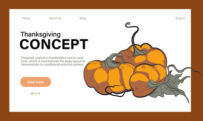 Happy Thanksgiving holiday vector design template for websites, posters, banners. Happy Thanksgiving with traditional food, turkey, pies, pumpkins and fruits. Vector website template