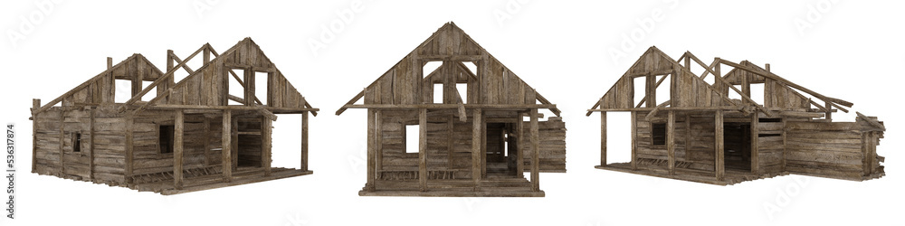 Poster old medieval wooden building with no roof. 3d illustration with 3 views isolated.