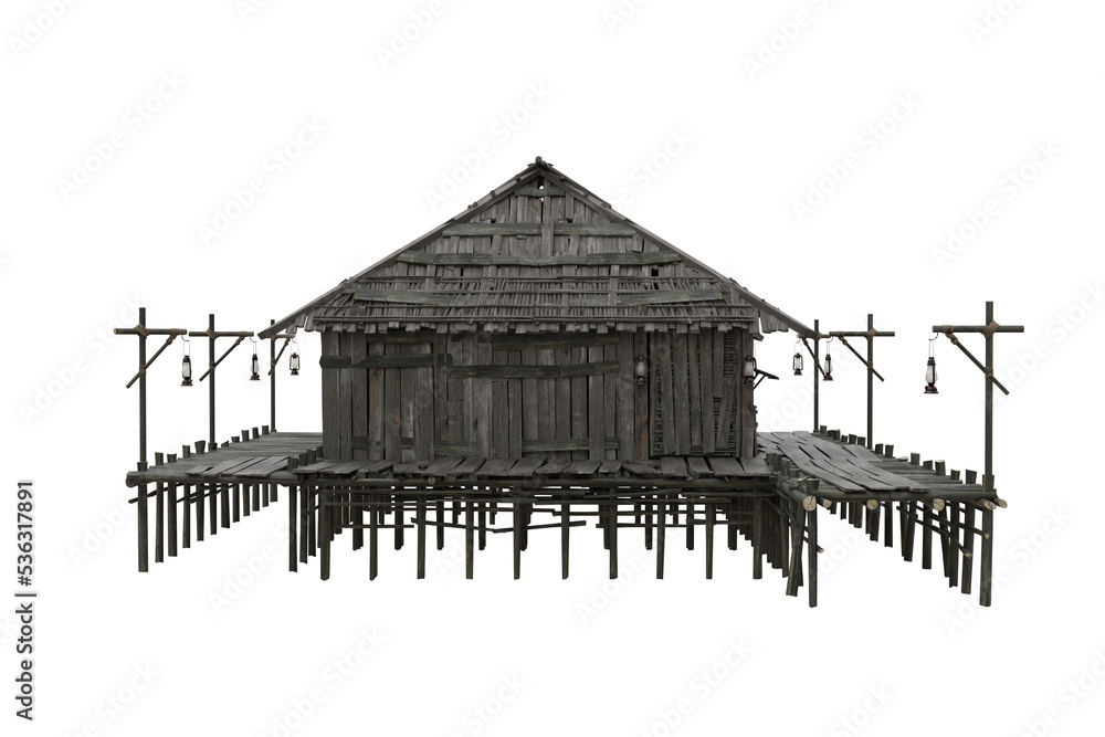 Poster old wooden swamp house built on stilts over water. 3d rendering isolated.