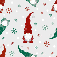 Christmas seamless pattern with cute scandinavian gnome and snowflakes. Can be used for fabric, wrapping paper, scrapbooking, textile, poster, banner and other christmas design. Flat style.