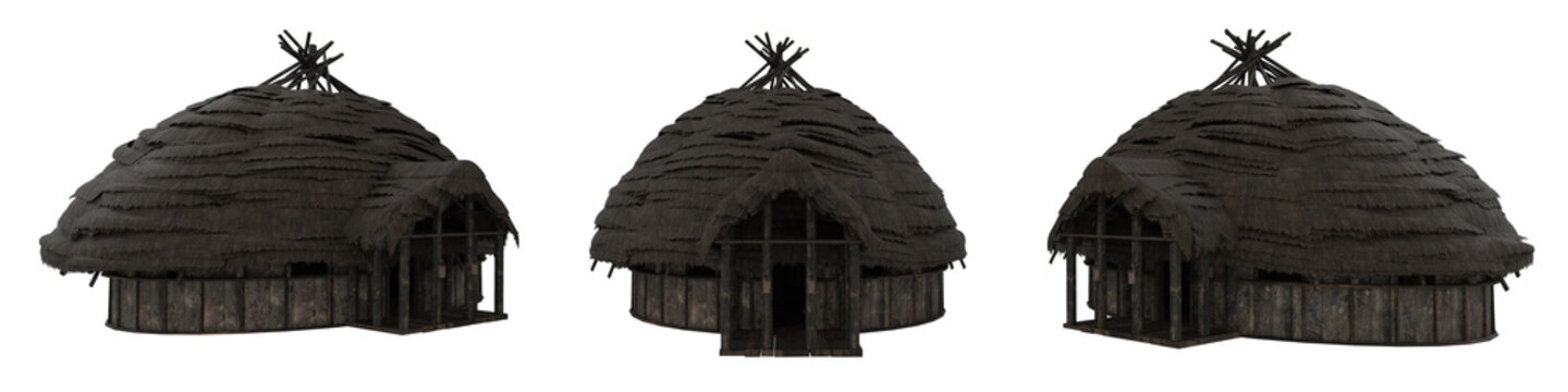 Round Shaped Medieval Building With Thatched Roof. 3D Rendering With 3 Views Isolated.