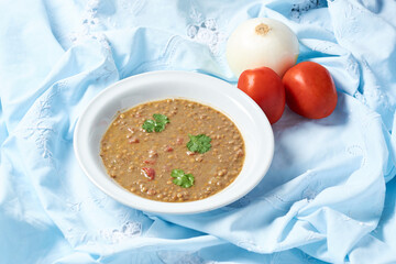 A bowl of delicious hearty homemade curried lentil soup.