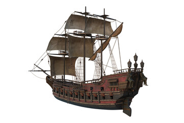 Old wooden pirate ship seen from rear perspective. 3D rendering isolated.