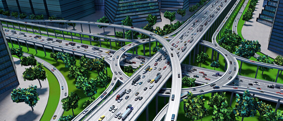 Highway intersection/ road interchange in the city with heavy traffic - 3D illustration - obrazy, fototapety, plakaty