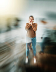 Woman, anxiety and mental health in motion blur for stress, insane or schizophrenia. Girl, scared and fear in eyes with depression, paranoid or need help in psychology in home or work in Dallas