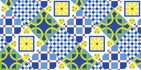 Abstract Geometric Tile Pattern Italian Sicily Style Moroccan Interior Design Perfect for Allover Fabric Print or Interior Kitchen Design Chic Sweet Color Combinations Squares Florals Ornament