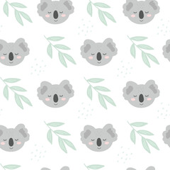 Seamless pattern with cute koala and bamboo. Flat illustration of doodle bear for children photo overlays, t-shirt print, poster design, textile background