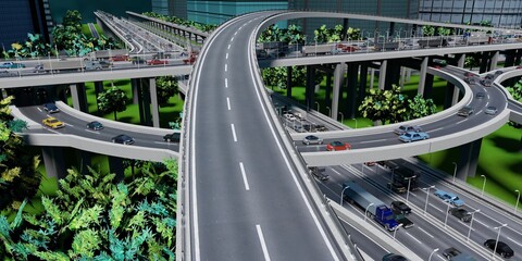 Highway intersection/ road interchange with roundabout - 3D illustration © PX Media