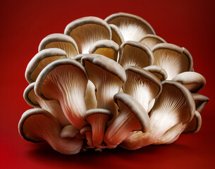Oyster mushrooms on a dark red background. Very beautiful mushrooms.
