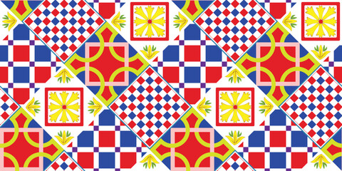 Abstract Geometric Tile Pattern Italian Sicily Style Moroccan Interior Design Perfect for Allover Fabric Print or Interior Kitchen Design Chic Sweet Color Combinations Squares Florals Ornament - obrazy, fototapety, plakaty