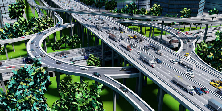 Highway intersection/ road interchange with roundabout - 3D illustration