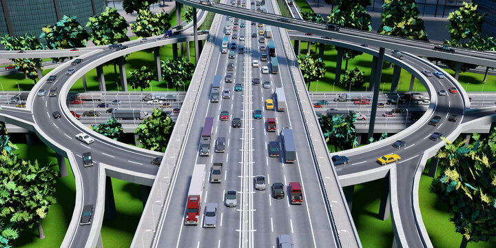 Highway intersection/ road interchange with roundabout - 3D illustration