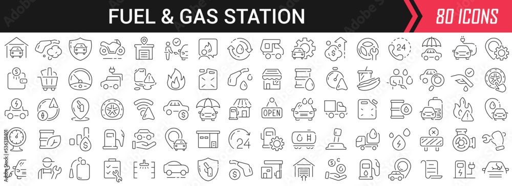 Poster Fuel and gas station linear icons in black. Big UI icons collection in a flat design. Thin outline signs pack. Big set of icons for design