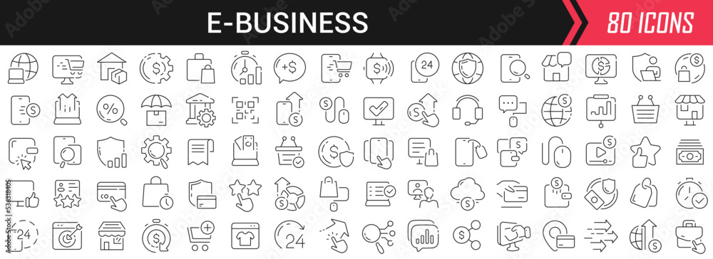 Poster e-business linear icons in black. big ui icons collection in a flat design. thin outline signs pack.