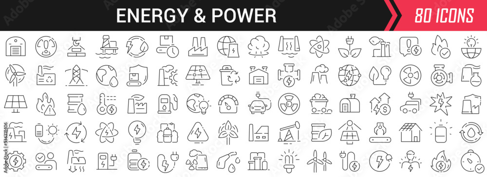 Poster Energy and power linear icons in black. Big UI icons collection in a flat design. Thin outline signs pack. Big set of icons for design